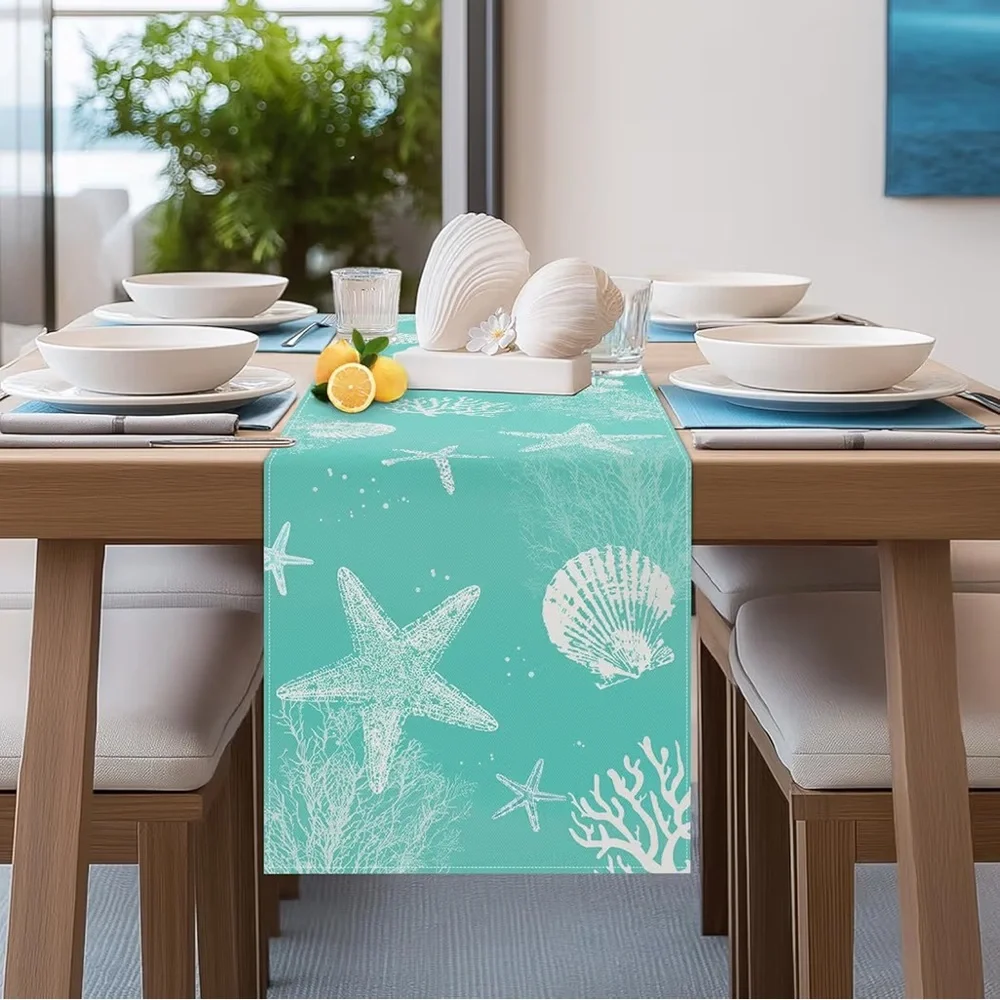 Bonhause Turquoise Coastal Ocean Table Runner 13x72 Inch Teal Blue Beach